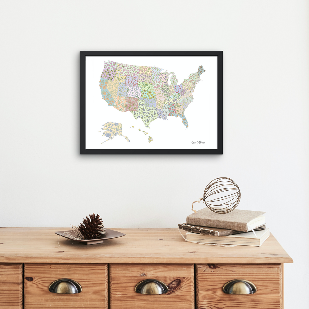US State Flower Map Art Print