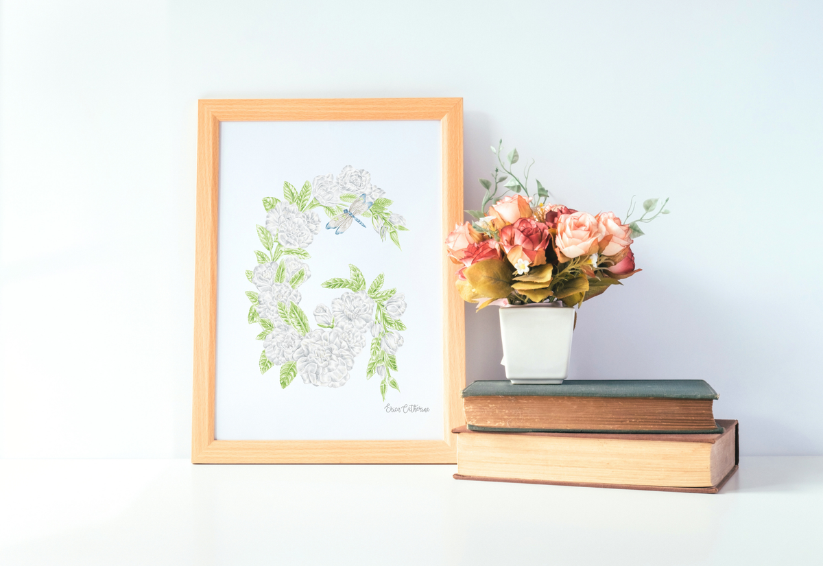 Letter G Floral Initial Art Print
