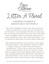 Load image into Gallery viewer, A text-based product page or book/album cover titled 'Letter A Floral' by Erica Catherine, featuring a floral alphabet collection description with paragraphs of black serif and script text on a white background.