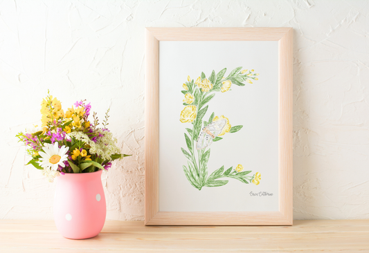 Letter E Floral Initial Art Print