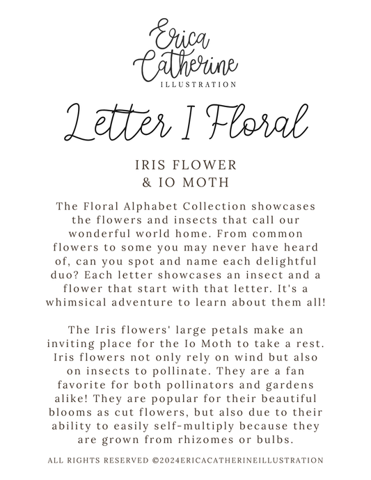 A text-based educational poster titled 'Letter I Floral' by Erica Catherine Illustration, featuring the 'Iris Flower & 10 Moth' topic. The design has black typography on a clean white background, detailing the correspondence between the letter 'I' and its insect pair.