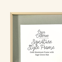 Load image into Gallery viewer, Framed artwork with 'Erica Catherine Illustration' text, gold aluminum frame, and sage green mat.