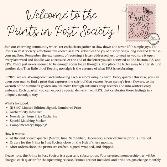 Promotional text for 'Prints in Post Society' subscription with a pink stamp graphic.