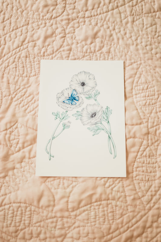 A floral art print featuring the letter 'A' with an illustration of an anemone flower and an adonis blue butterfly on high quality fine art paper.