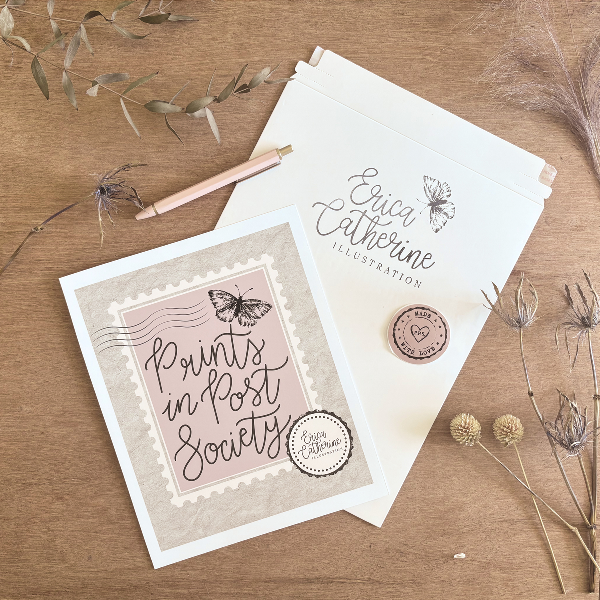 Print Image with 'Points in Post Society' design and 'Erica Catherine Illustration' branding on a wooden surface.