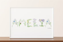 Load image into Gallery viewer, Framed artwork of watercolor flowers spelling out "Amelia" on a white background
