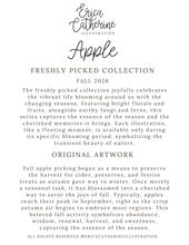 Load image into Gallery viewer, A digital graphic card for Erica Catherine Illustration featuring the title 'Apple' and 'Freshly Picked Collection Fall 2026' with descriptive text about fall apple picking.
