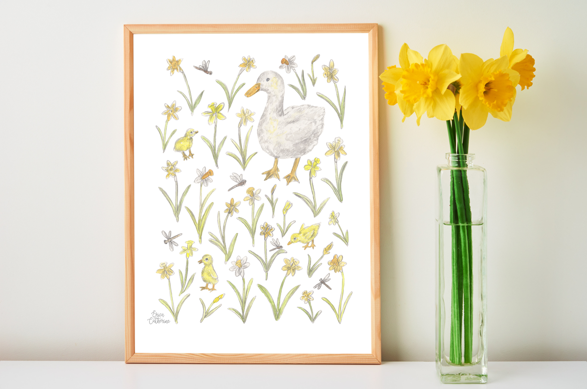 Ducks, Dragonflies, and Daffodils Art Print