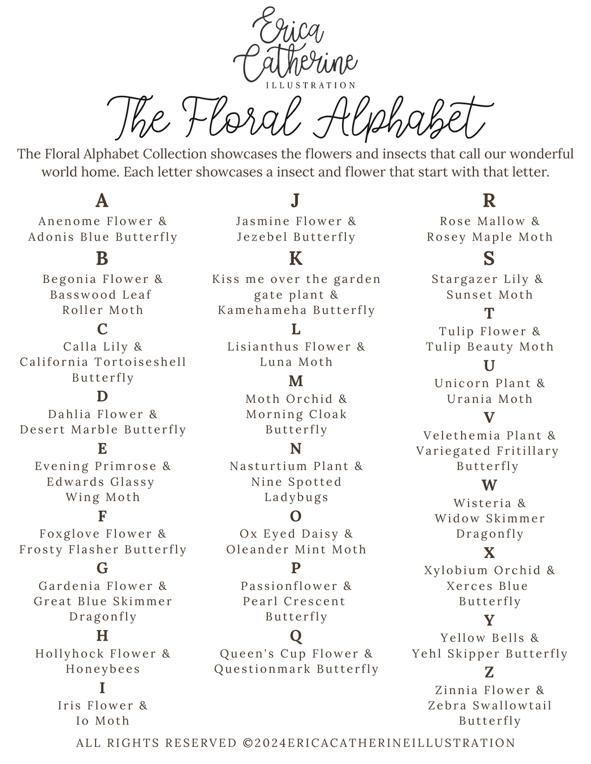 A printed reference chart titled 'The Floral Alphabet' by Erica Catherine Illustration, listing each letter from A to Z with a corresponding flower and insect phrase on a white background.