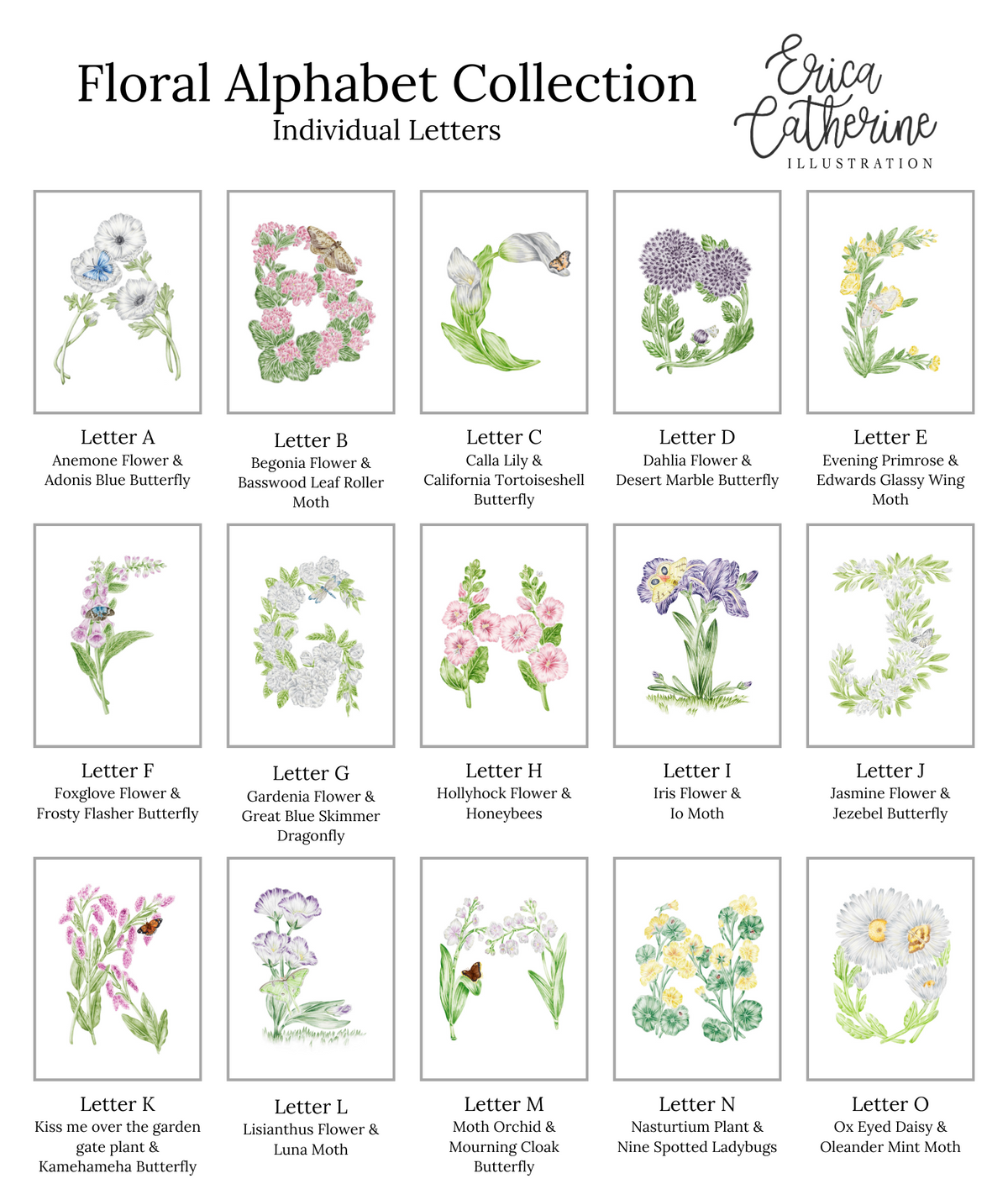 A floral alphabet collection sheet by Erica Katherine Illustration, featuring 15 watercolor flower illustrations labeled with the letters A through O, with suggested individual plant combinations.