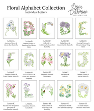 Load image into Gallery viewer, A floral alphabet collection sheet by Erica Katherine Illustration, featuring 15 watercolor flower illustrations labeled with the letters A through O, with suggested individual plant combinations.

