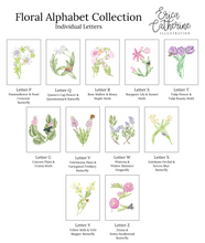 Load image into Gallery viewer, A product listing graphic for a floral alphabet collection by Erica Catherine Illustration, showing individual watercolor illustrations for each letter from A to Z, with names of the depicted flowers and butterflies below each drawing on a white background.

