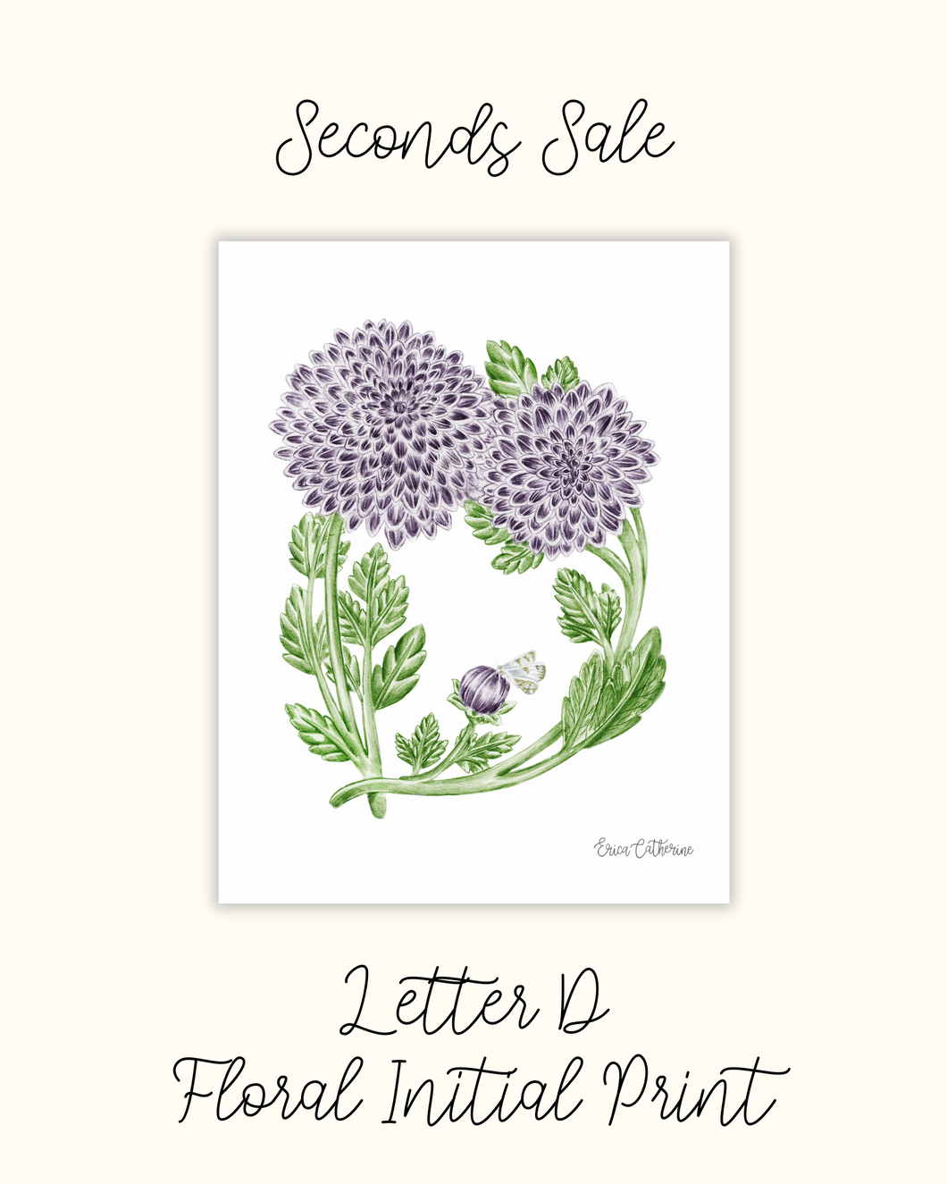 Letter D Floral Initial Art Print - Seconds Sale