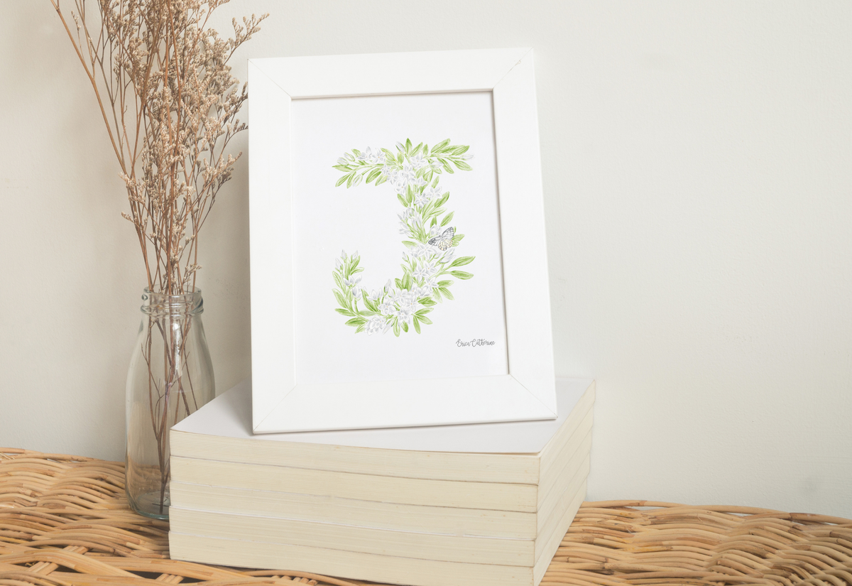 Letter J Floral Initial Art Print