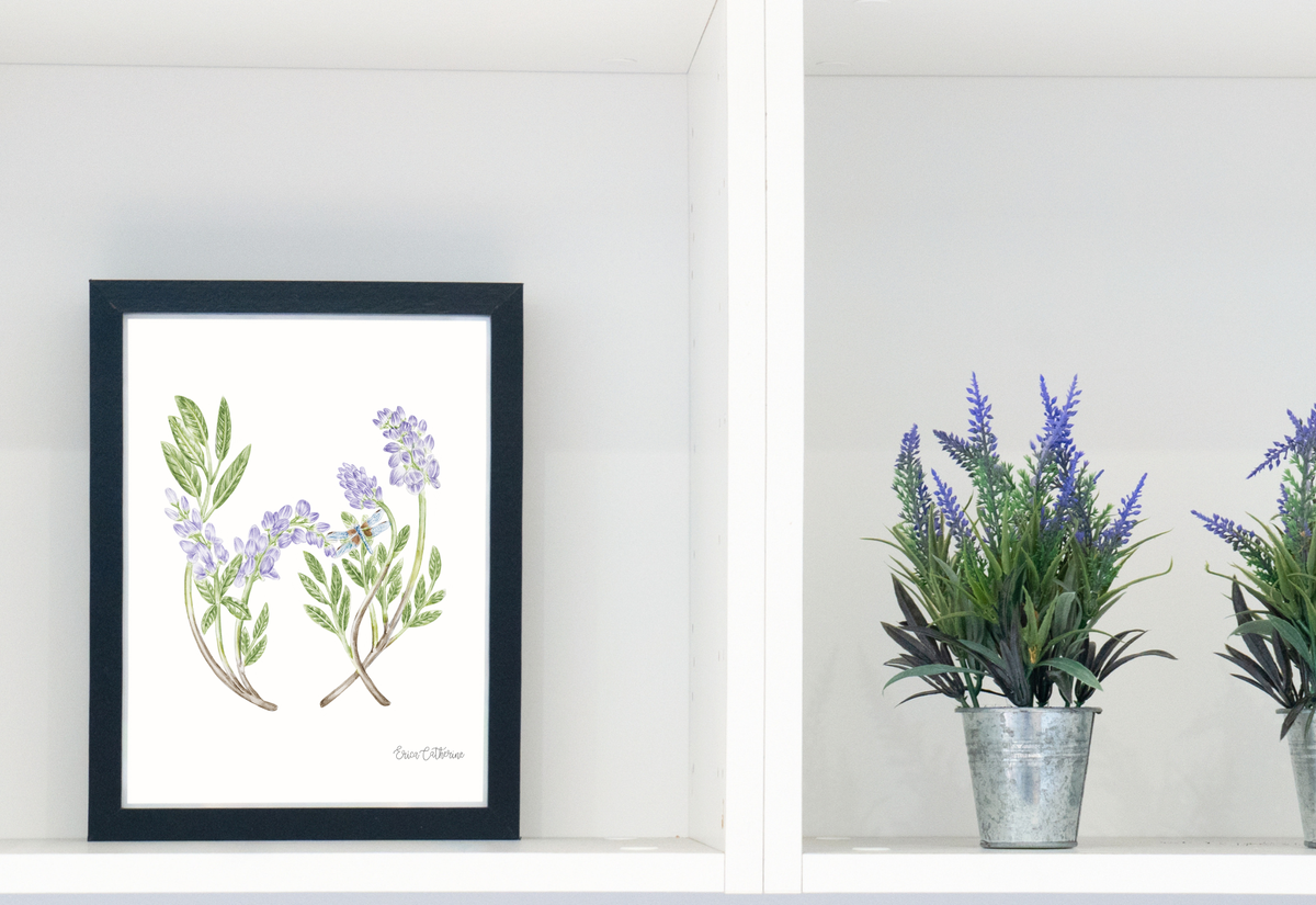 Letter W Floral Initial Art Print