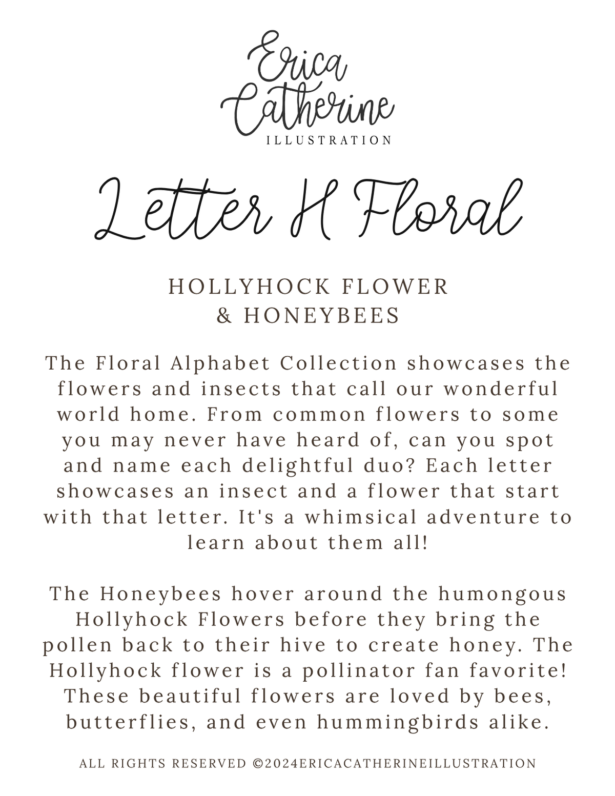 A digital preview page for a children's educational book or activity sheet titled 'Letter H Floral' by Erica Catherine Illustration, featuring black script and serif text on a clean white background.