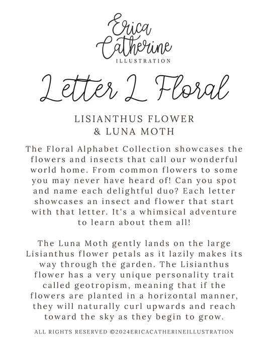A text-based educational poster titled 'Letter L Floral' by Erica Catherine Illustration, featuring a 'Lisianthus Flower & Luna Moth' theme with descriptive paragraphs on a white background.