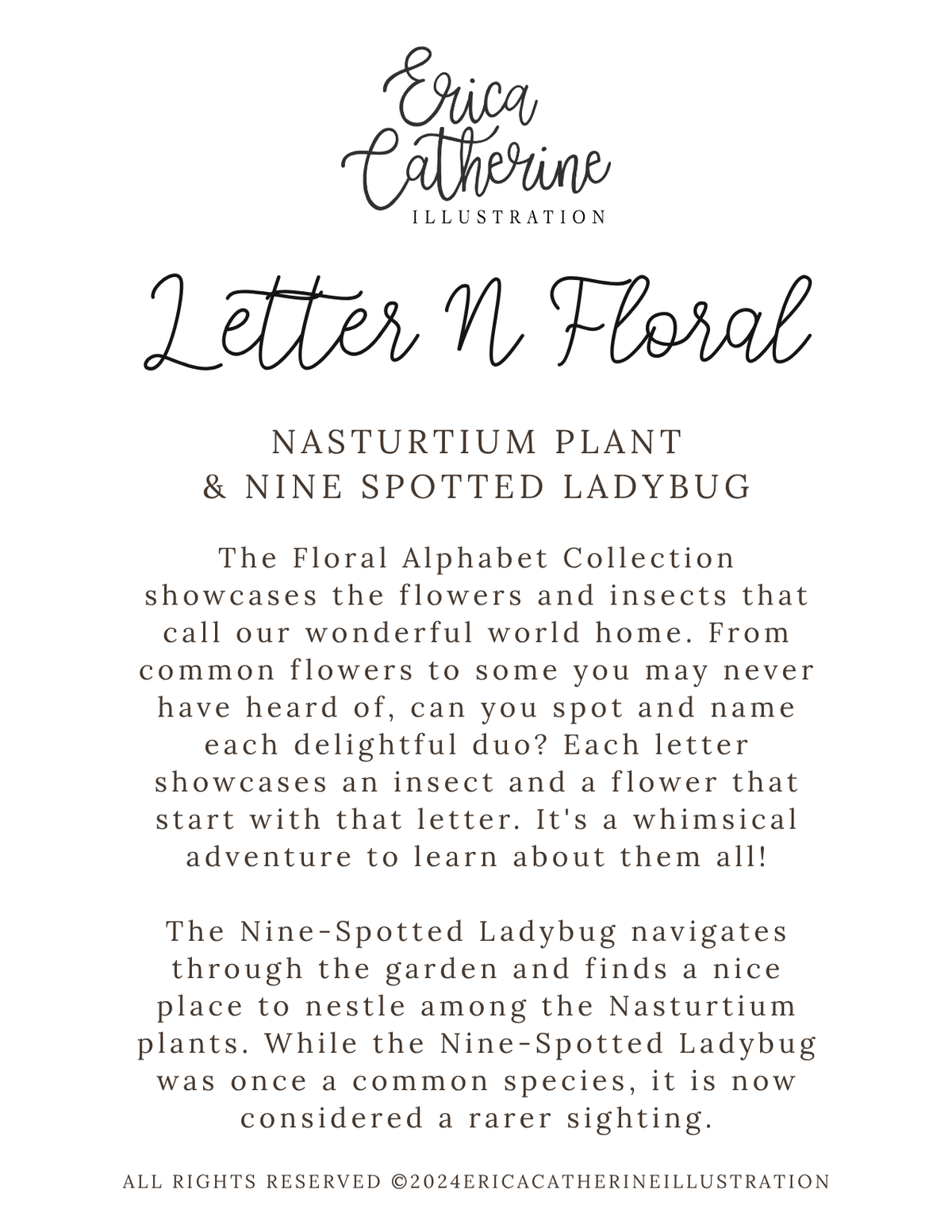 A digital info card titled 'Letter N Floral' by Erica Catherine Illustration, featuring black text on a white background with a naturalist's description about nasturtium plants and nine-spotted ladybugs.