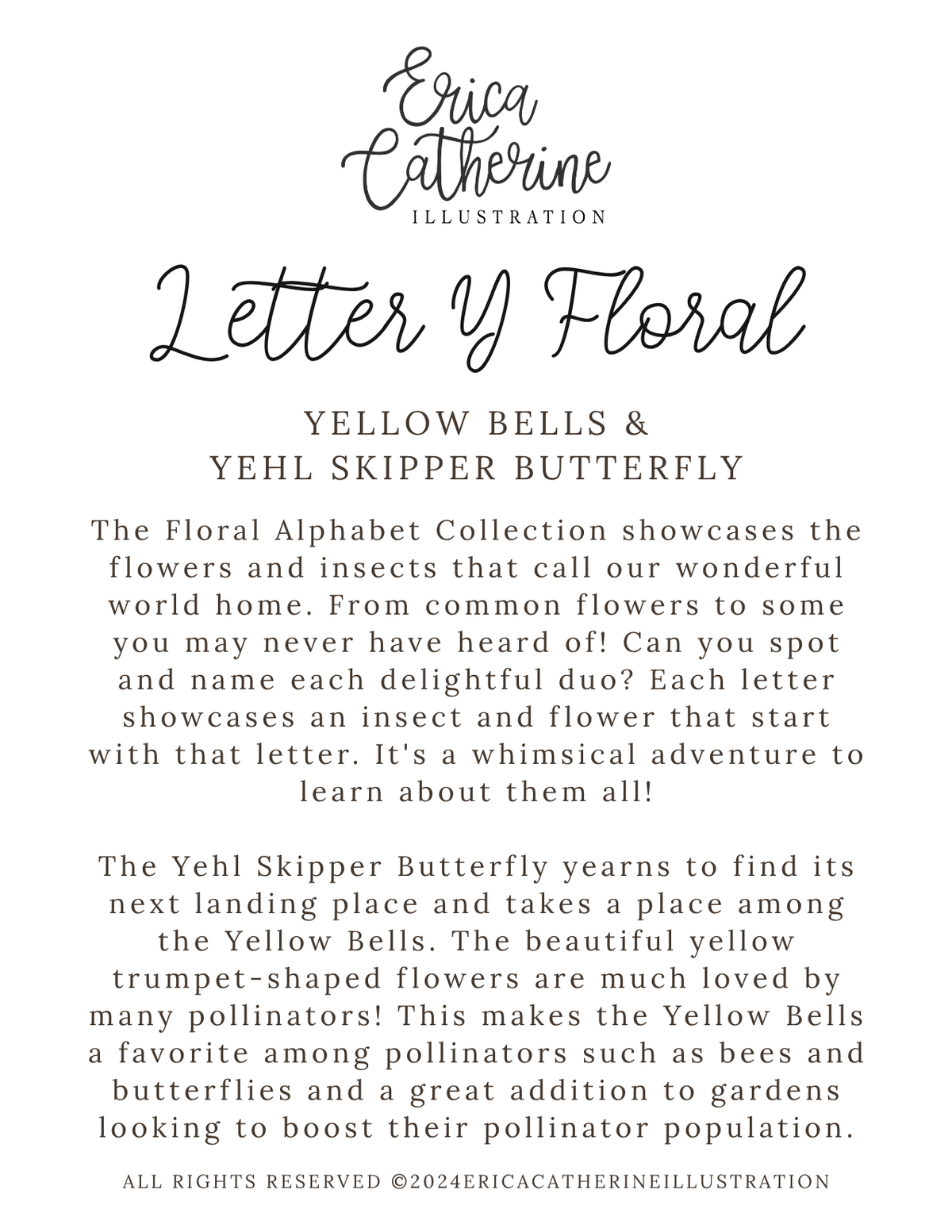 A text-based product card titled 'Letter Y Floral' by Erica Catherine Illustration, featuring descriptive copy about yellow bells and yehl skipper butterfly flowers.