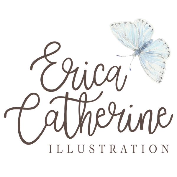 Logo with 'Erica Catherine Illustration' text and a butterfly on a white background