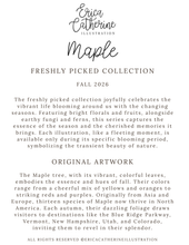 Load image into Gallery viewer, A digital graphic card for Erica Catherine Illustration featuring the 'Maple Freshly Picked Collection' fall 2026 art print series. The card displays elegant typography with a black script logo at the top, followed by descriptive text about the 'Freshly Picked Collection' and 'Original Artwork' on a solid white background.
