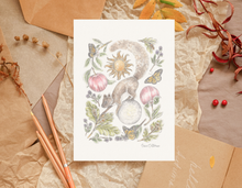 Load image into Gallery viewer, A botanical art print featuring a whimsical illustration of a squirrel,  moon, sun, butterflies, and flowers, styled in a flat lay on brown paper with pencils and dried leaves.
