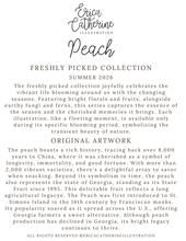 Load image into Gallery viewer, A digital infocard displaying the cover of Erica Catherine Illustration 'Peach' Freshly Picked Collection Summer 2026 book or digital guide. The design features elegant black typography on a solid white background, detailing the collection's theme and original artwork.
