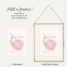 Load image into Gallery viewer, A product comparison graphic showing a peach watercolor art print in both unframed and gold float frame formats. The top text reads 'Add a frame!' with size information, and the bottom labels 'Unframed' and 'Gold Float Frame'.
