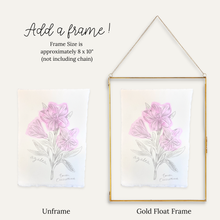 Load image into Gallery viewer, A product comparison graphic showing a floral art print in two states: unframed on the left and inside a gold float frame with a hanging chain on the right. Text at the top reads 'Add a frame!' with size information, and labels below read 'Unframe' and 'Gold Float Frame'.
