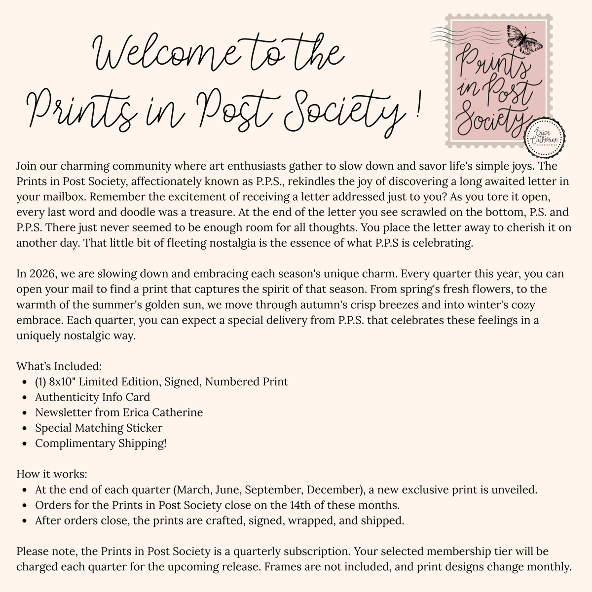 Promotional text for 'Prints in Post Society' subscription with a pink stamp graphic.