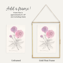 Load image into Gallery viewer, A product comparsion graphic showing a floral art print in two frame options: an unframed version on the left and a gold float frame with hanging chain on the right. Text at the top reads 'Add a frame!' and 'Frame Size is approximately 8 x 10" (not including chain)'.
